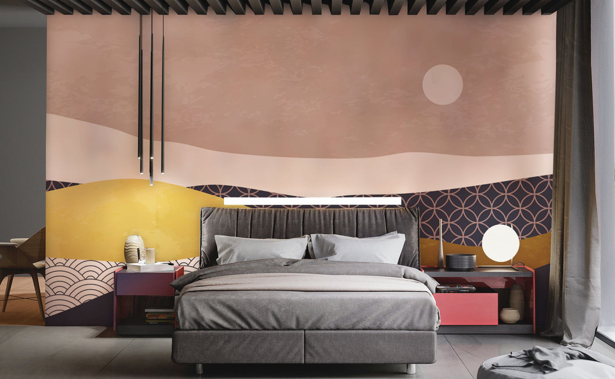 Elegant Japanese abstract landscape mural wallpaper adorns modern bedroom with grey bed, contemporary lighting, curtains.