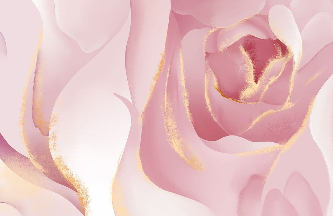 Elegant Blush Pink Rose Blooms with Gold Accents Mural Wallpaper Decor