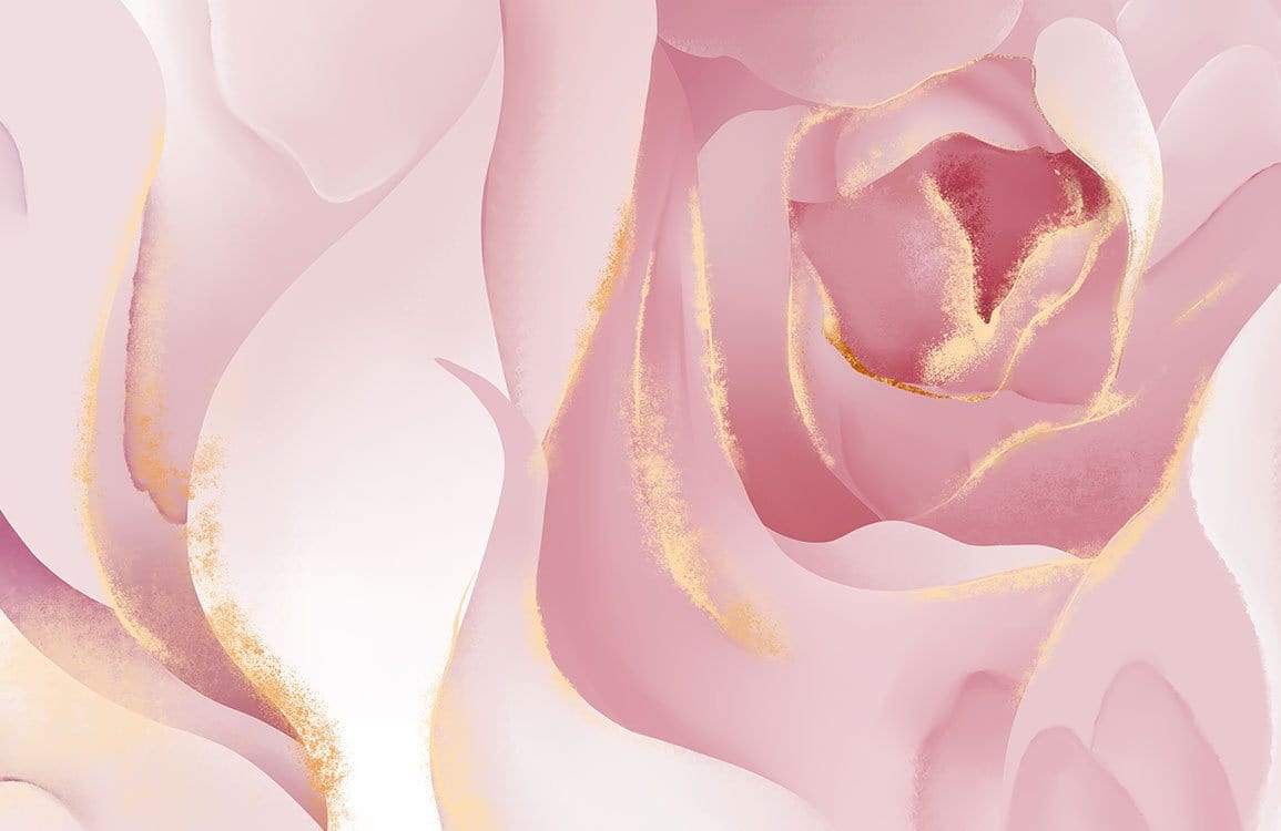 Elegant Blush Pink Rose Blooms with Gold Accents Mural Wallpaper Decor