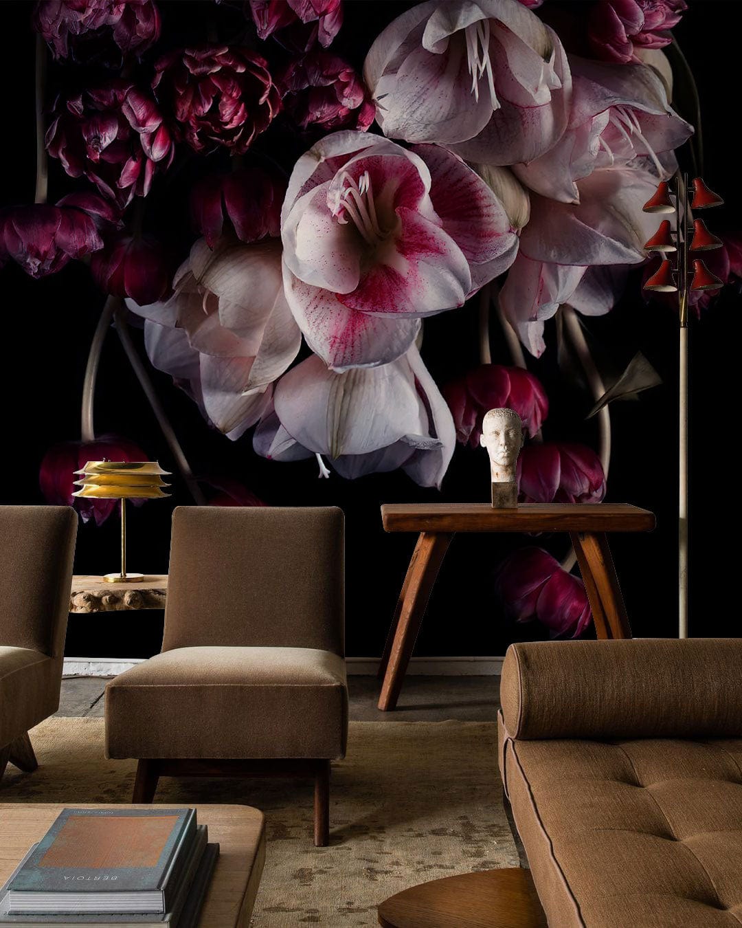 Luxurious floral wallpaper with red blooms, brown modern sofas, wooden tables, in a stylish living room.
