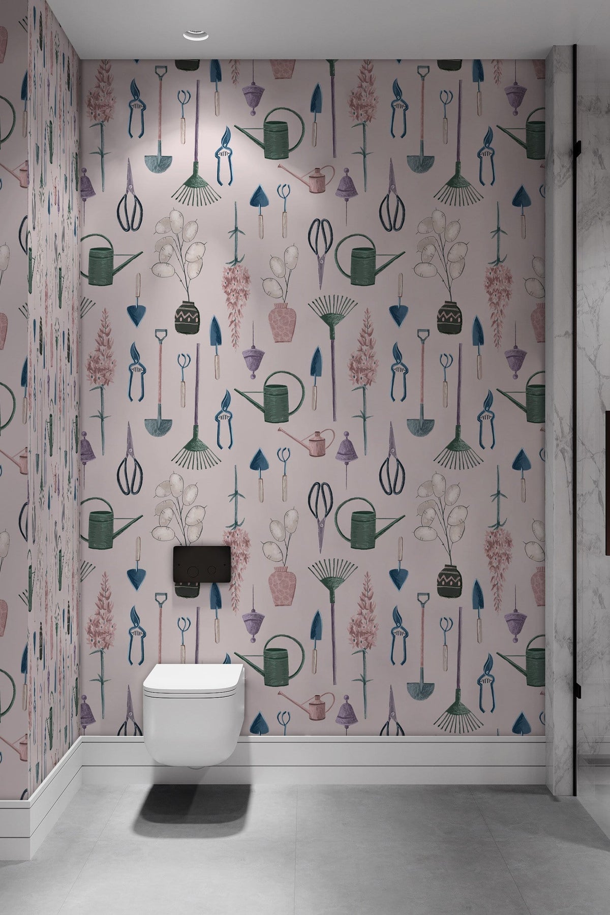 Vintage botanical wallpaper in subtle pastels, elegant bathroom, modern fixtures, grey flooring, marble accents.