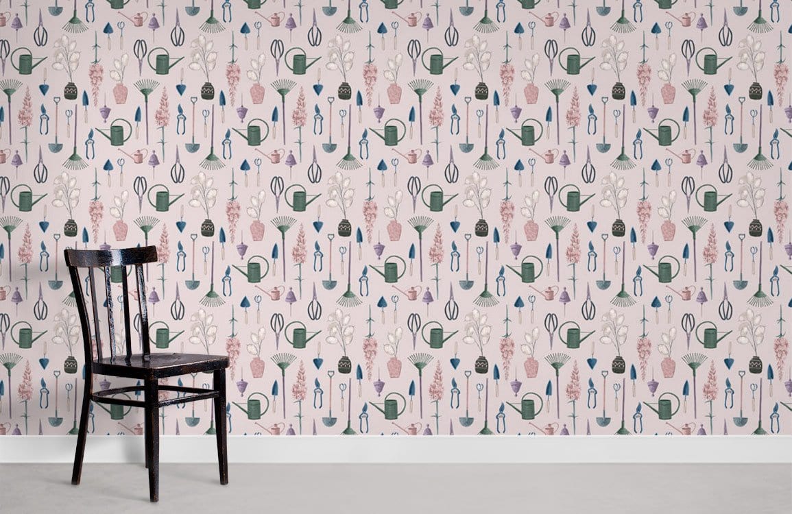 Vintage botanical wallpaper with pastel floral pattern, retro British style, wooden chair, grey flooring.