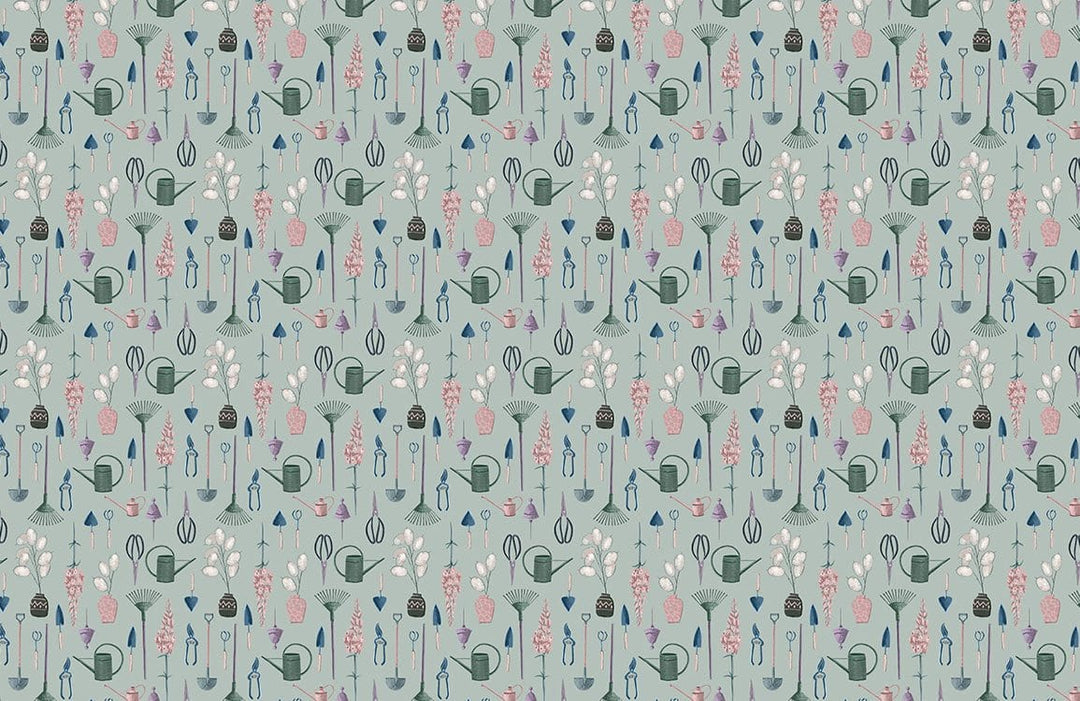 Whimsical Pastel Garden Watering Can Pattern Wallpaper in Soft Teal Tones