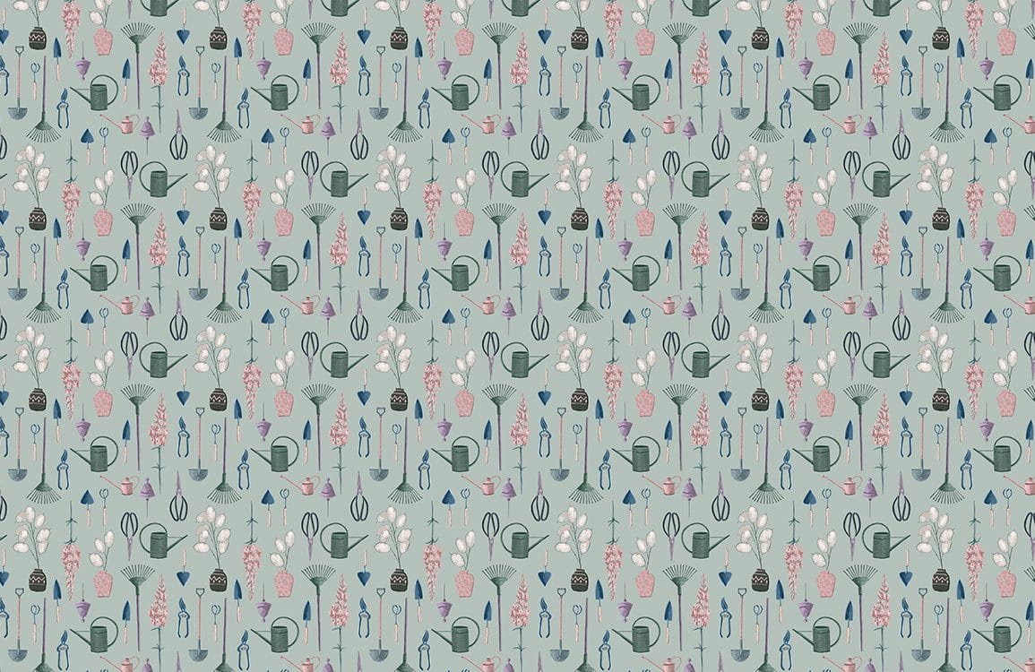 Whimsical Pastel Garden Watering Can Pattern Wallpaper in Soft Teal Tones