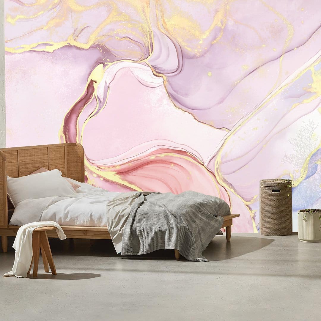 Elegant Pastel Watercolour Marble Wallpaper with gold accents in stylish bedroom, featuring modern decor elements.