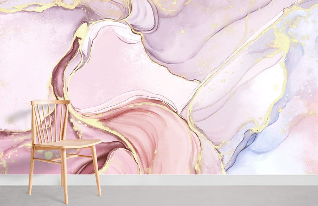 Elegant pastel watercolour marble wallpaper with gold accents in minimalistic room, featuring wooden chair.
