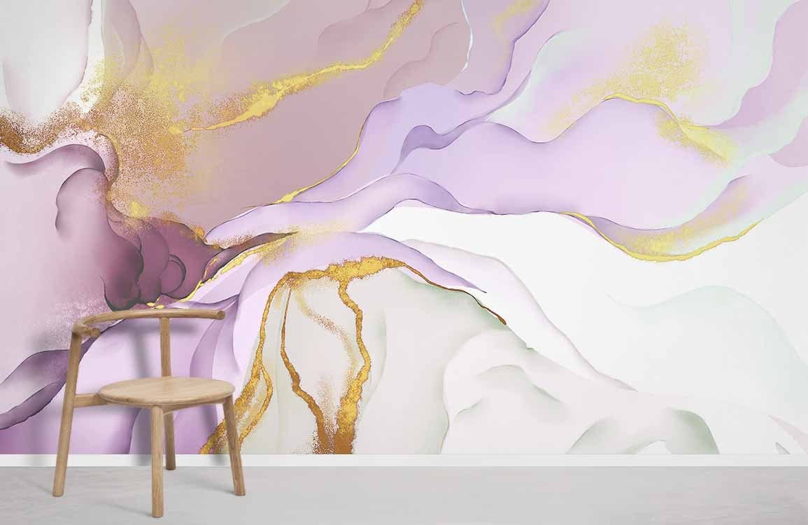 Elegant pastel watercolour marble mural with gold accents, artistic wallpaper in minimalist room, beige chair.
