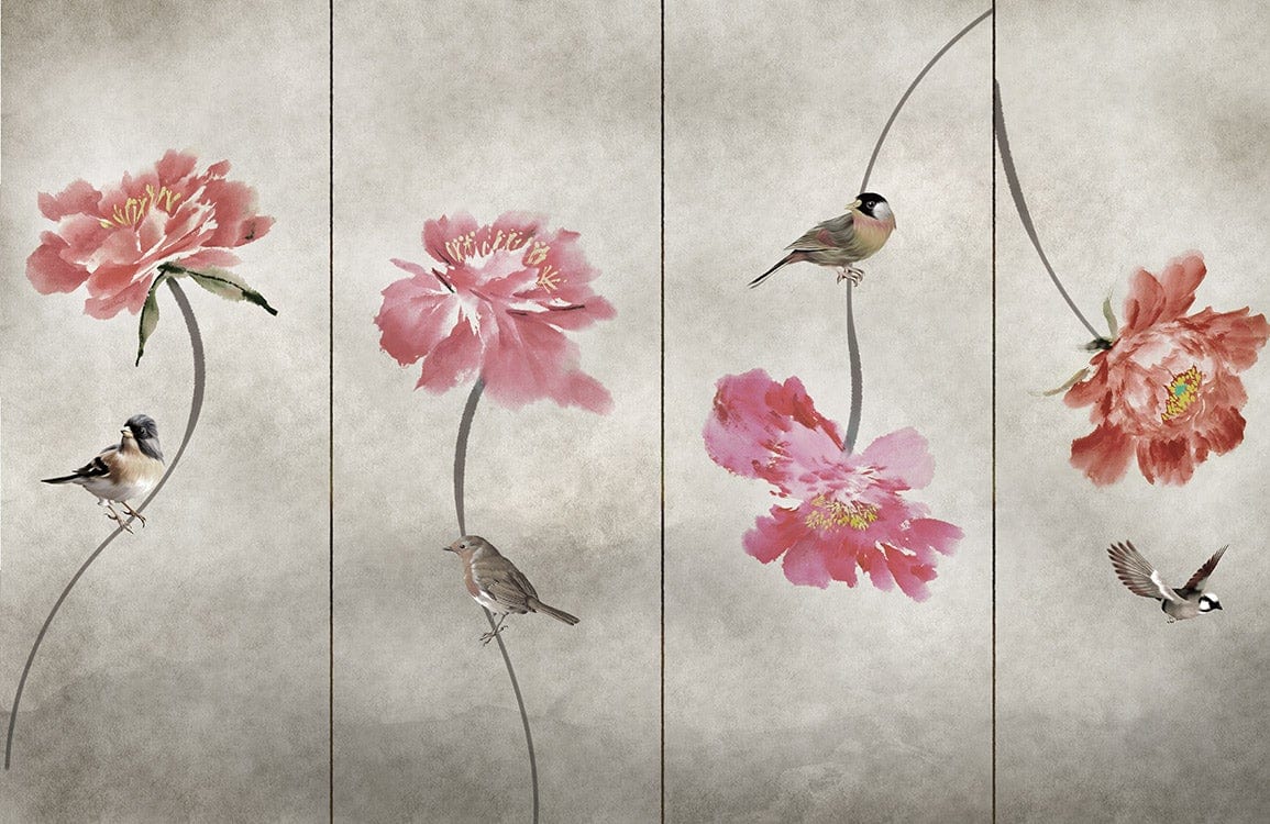 Vintage Floral Bird Mural Wallpaper in Soft Pink and Grey Tones