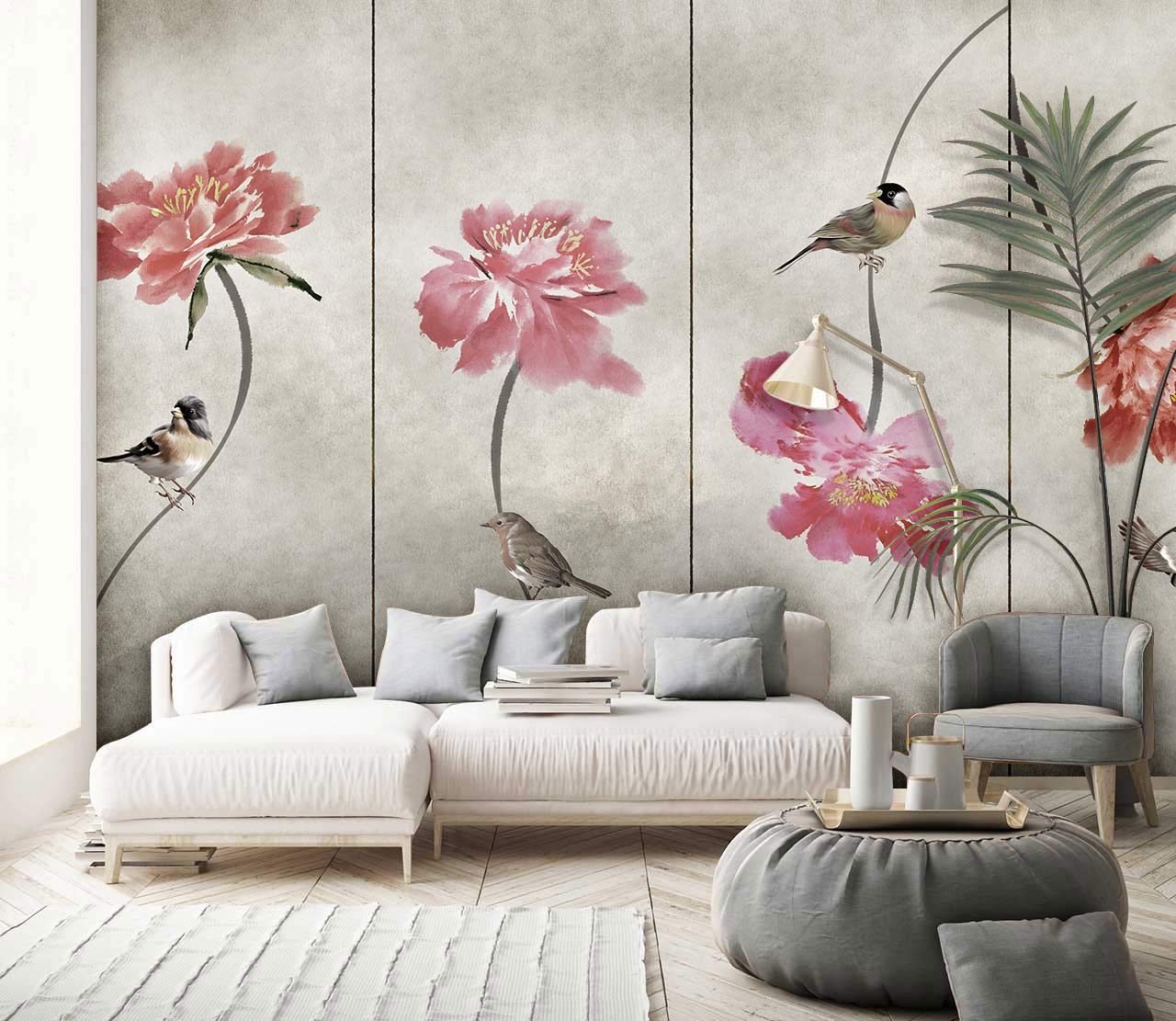 Vintage Floral Bird Mural Wallpaper in Soft Pink and Grey Tones