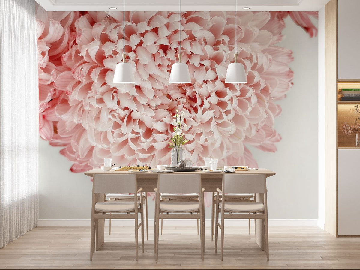 Soft pink floral chrysanthemum wallpaper in dining room with wooden furniture and pendant lighting.