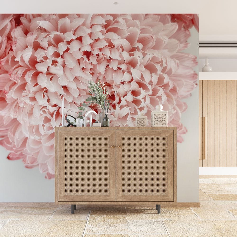 Elegant Blossom Bliss Chrysanthemum Mural in living room with wooden cabinet and stone tile flooring.