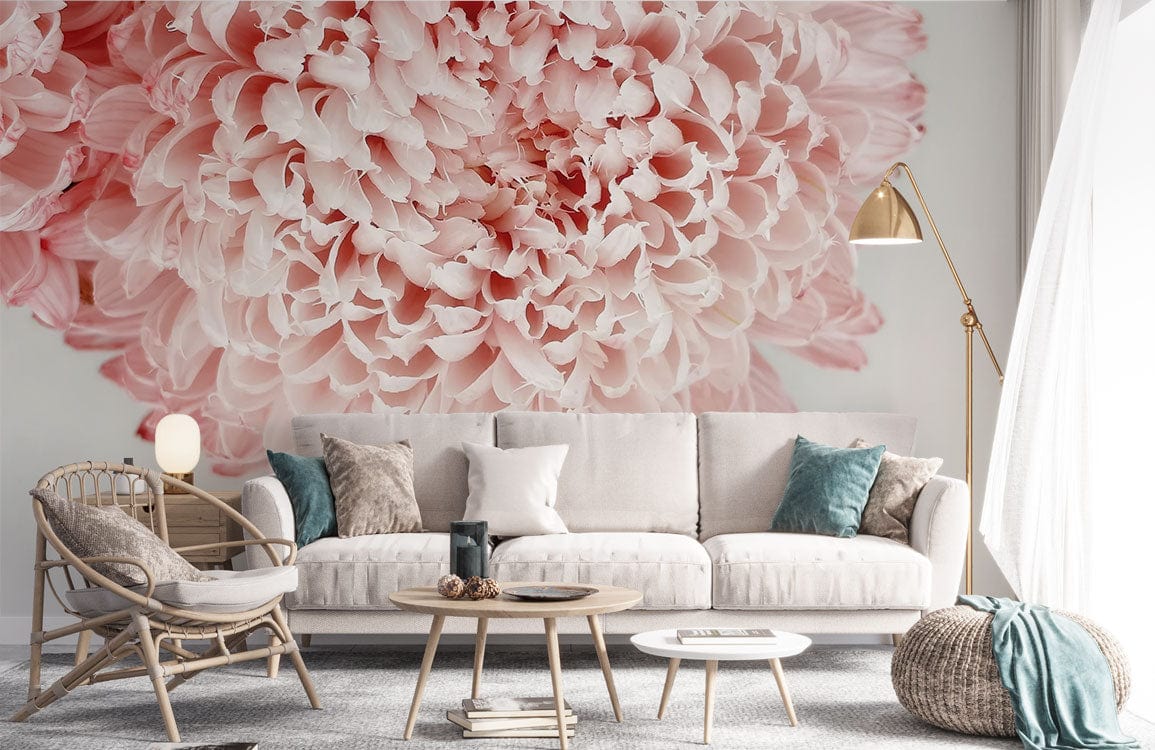 Elegant Blossom Bliss wallpaper in lounge with beige sofa, rattan chair, grey carpet, gold floor lamp.