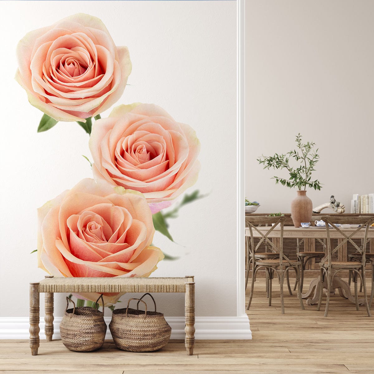 Elegant rose floral wallpaper mural, natural wood flooring, wicker furniture in serene room setting.