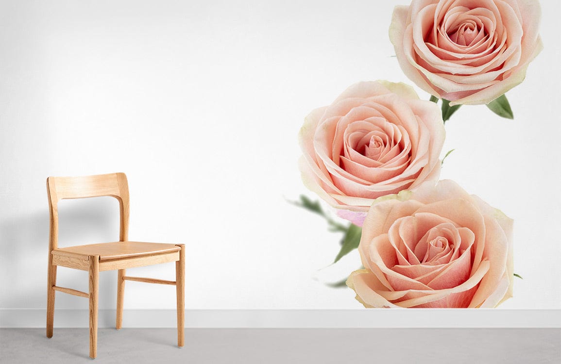 Blush pink rose wallpaper mural with wooden chair, serene grey flooring, elegant decor.