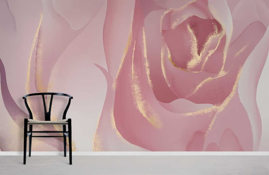Elegant pink rose floral wallpaper with gold details, black chair, minimalist flooring in modern room.