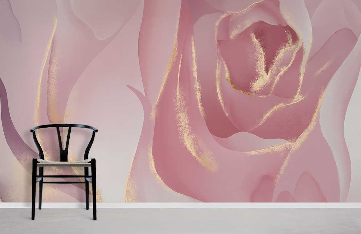 Elegant pink rose floral wallpaper with gold details, black chair, minimalist flooring in modern room.