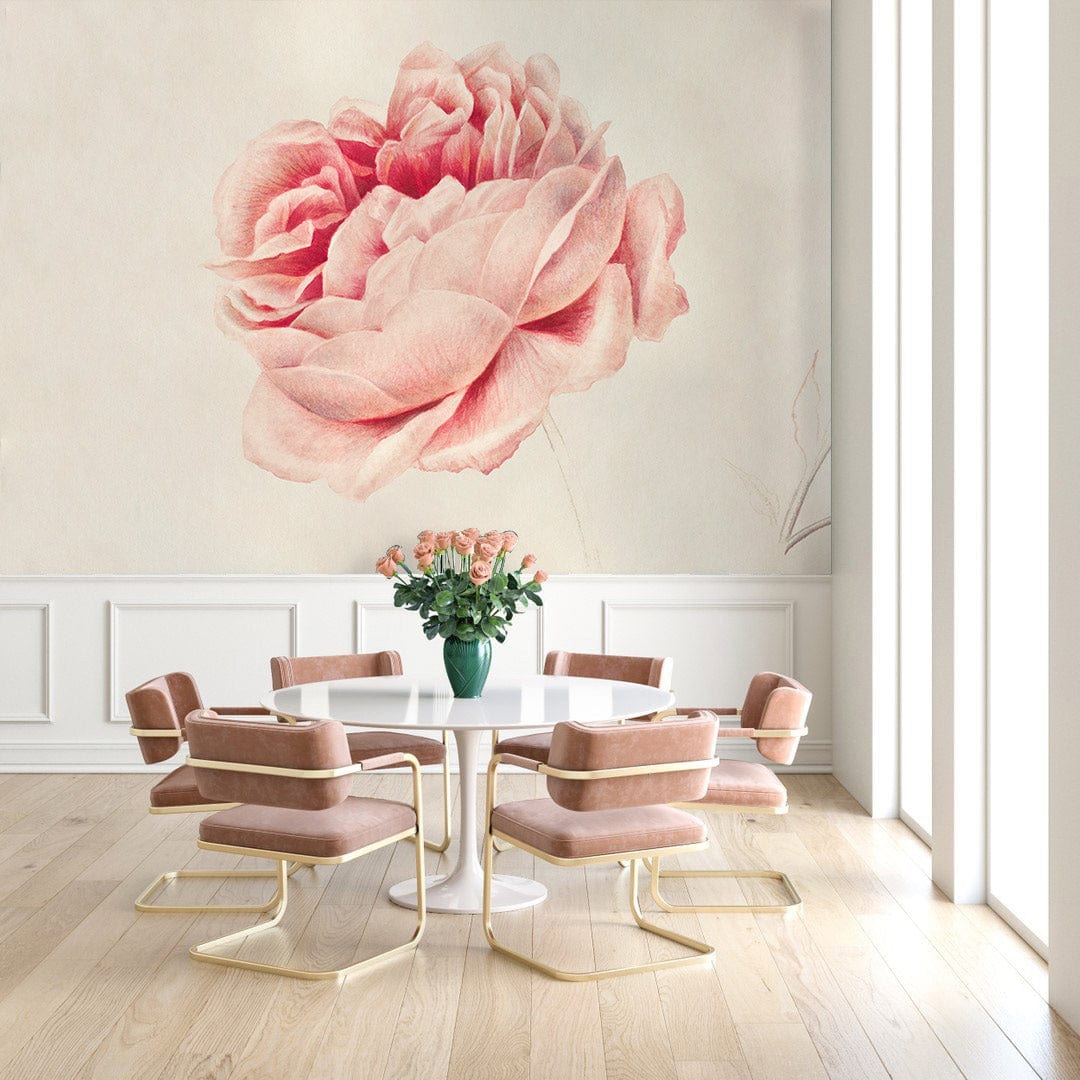 Room with Elegant Vintage Pink Rose Floral Wallpaper, soft pastel design, pink chairs, and wooden flooring.