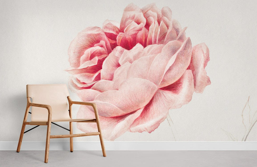 Elegant vintage pink rose floral wallpaper in pastel, beige chair, grey flooring, modern living room.
