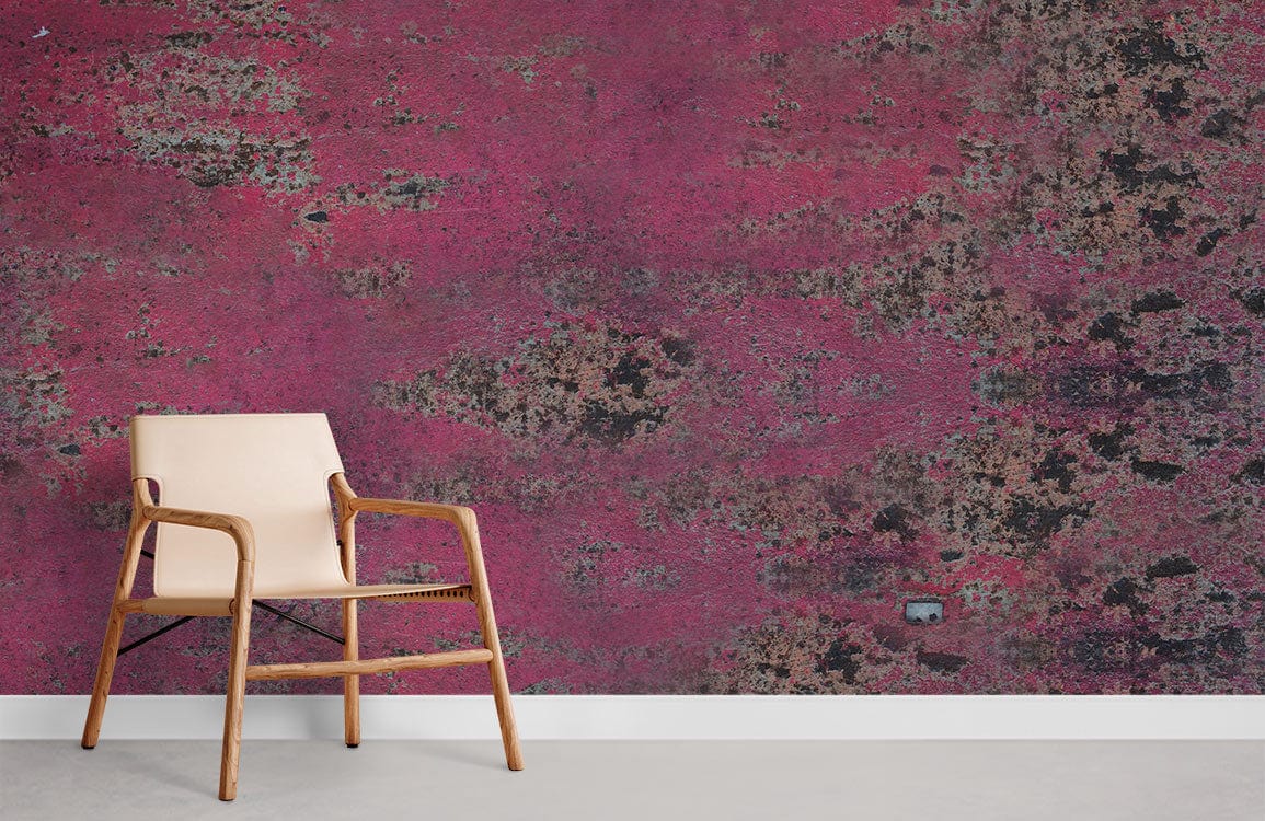 Vintage rustic red textured abstract wallpaper mural; light wooden chair, concrete floor, modern decor.
