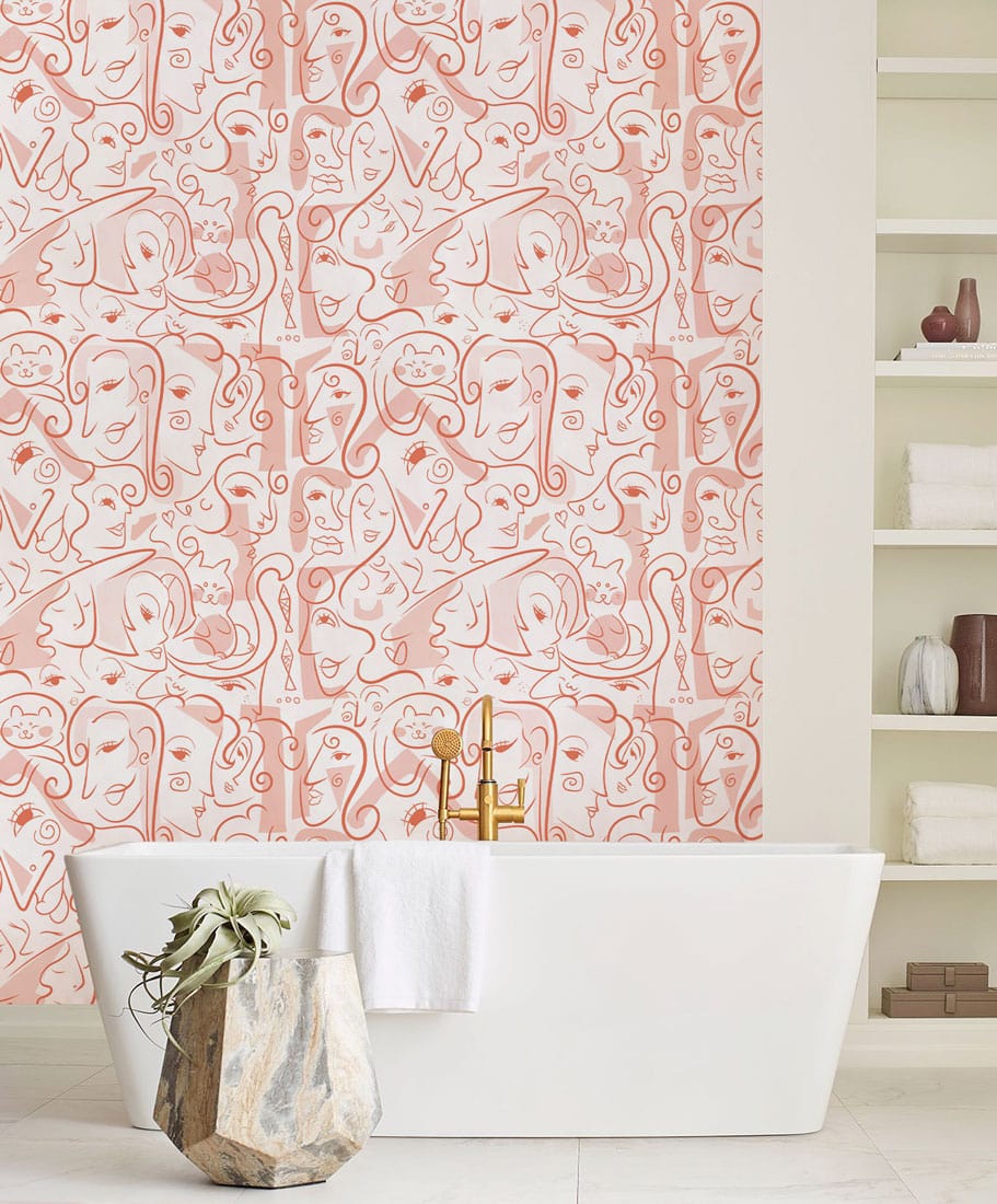 Abstract Line Art Coral Pink Mural Wallpaper enhancing modern bathroom with elegant white bathtub.