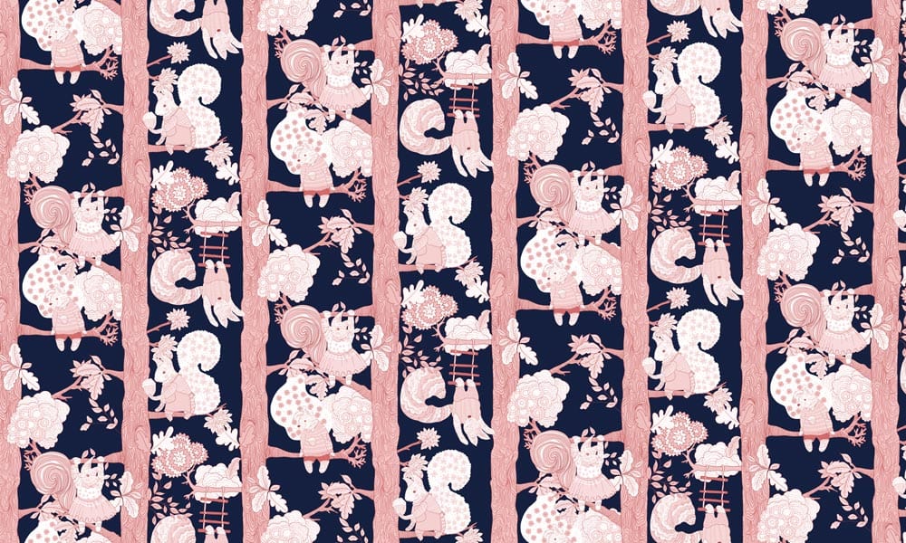 Whimsical Woodland Creatures Pink and Navy Children's Mural Wallpaper Delight