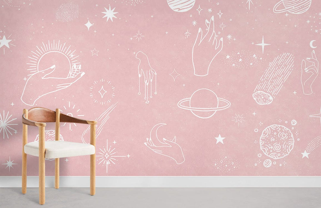 Celestial Pink Cosmic Hand-Drawing Wallpaper with wooden chair, pale pink wall, and grey flooring decor.