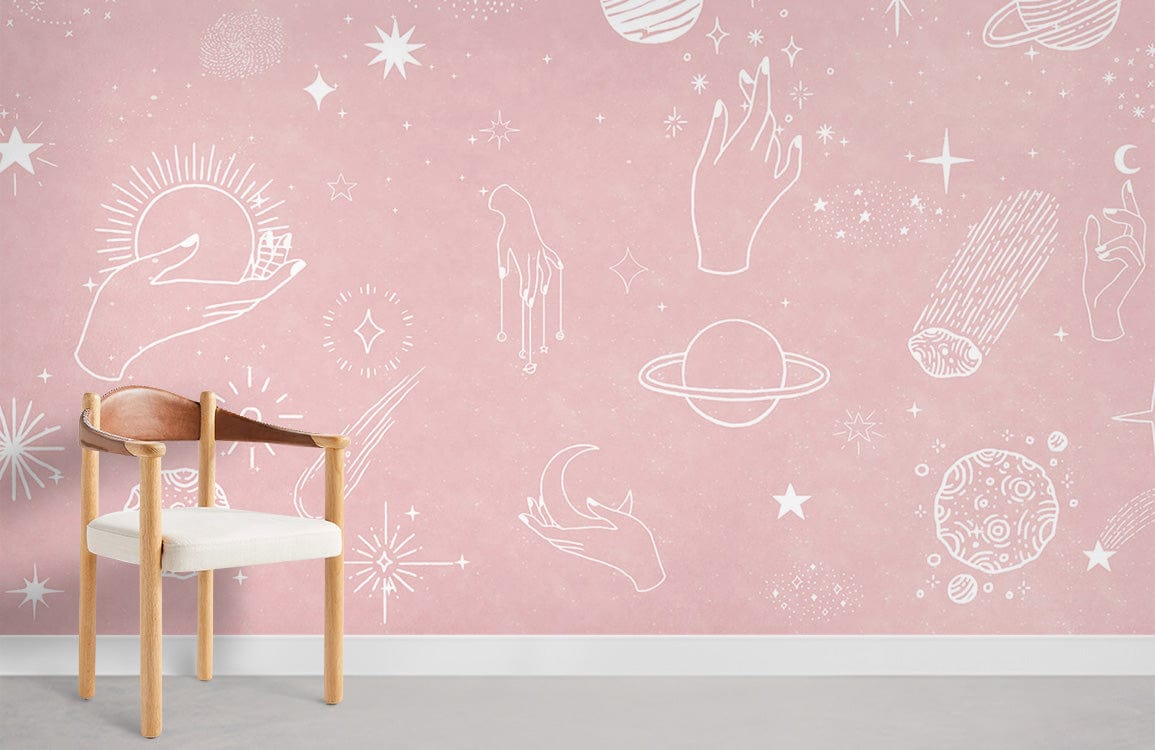 Celestial Pink Cosmic Hand-Drawing Wallpaper with wooden chair, pale pink wall, and grey flooring decor.