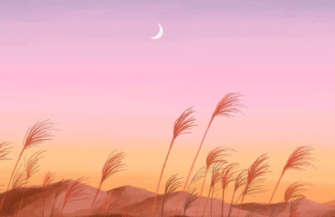 Serene Pastel Sunset Mural Wallpaper with Crescent Moon and Grass Landscape
