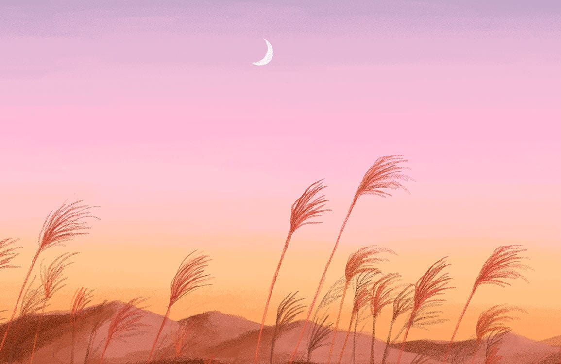 Serene Pastel Sunset Mural Wallpaper with Crescent Moon and Grass Landscape