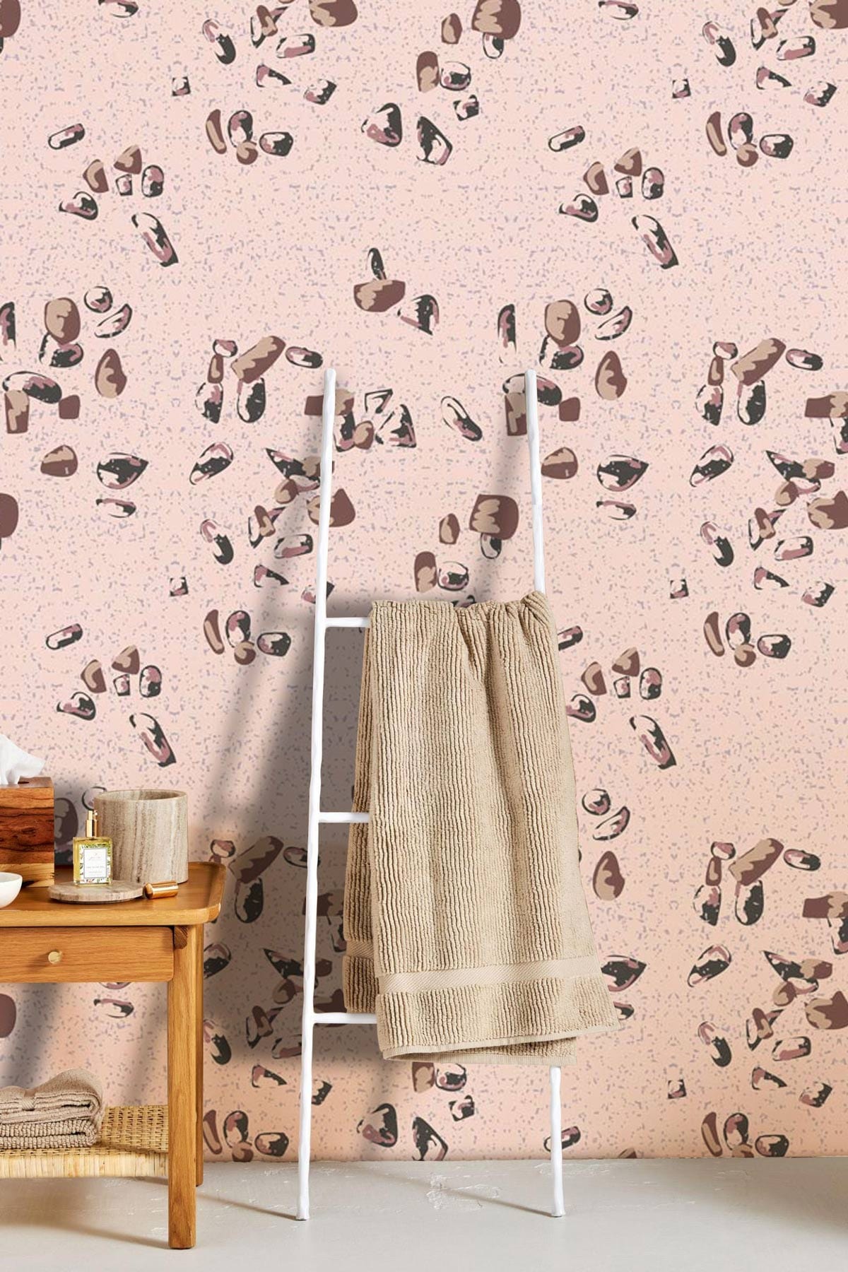 Abstract Earthy Tones Patterned Wallpaper, Scandinavian style, in modern bathroom with white towel ladder.