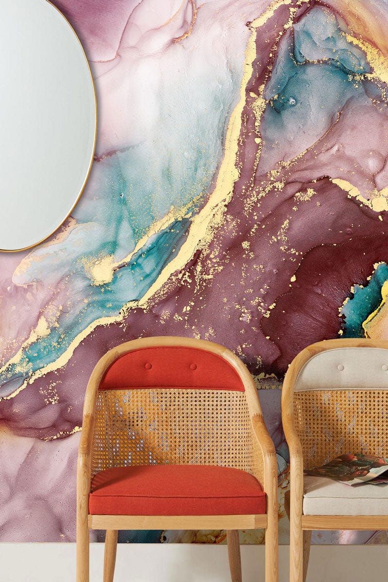 Luxurious Gold Veined Abstract Marble Mural Wallpaper in purple, red chairs, oval mirror, elegant setting.