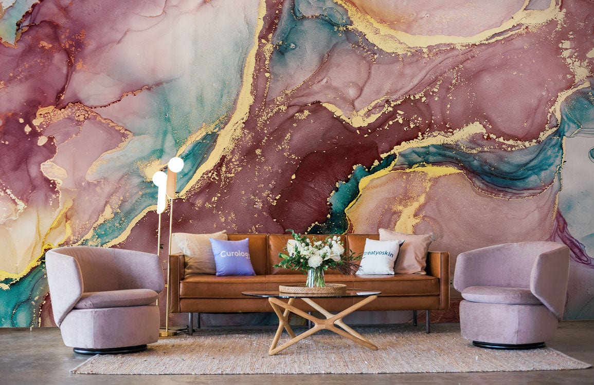 Luxurious gold veined abstract marble mural wallpaper, purple hues, brown sofa, modern chairs, elegant loungeroom.