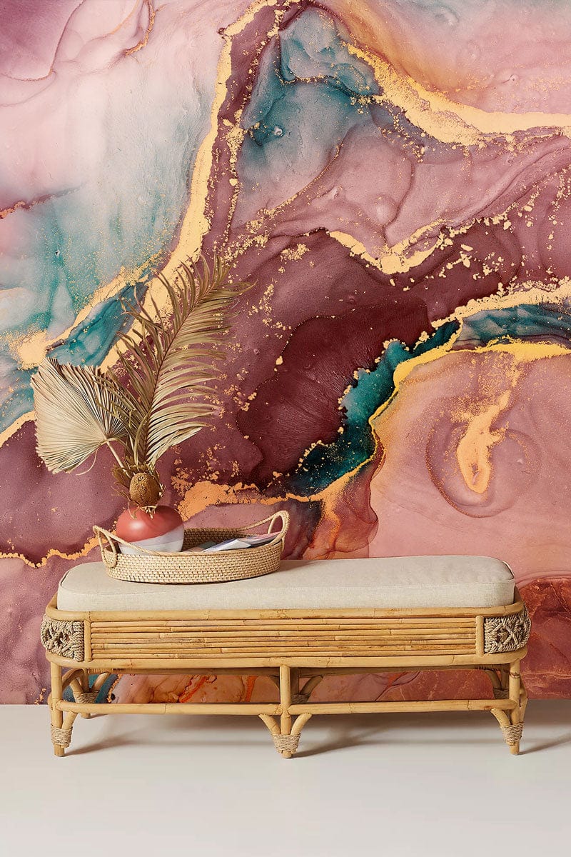 Luxurious purple marble mural wallpaper, gold veins, wicker bench, elegant interior decor, vibrant wall art.
