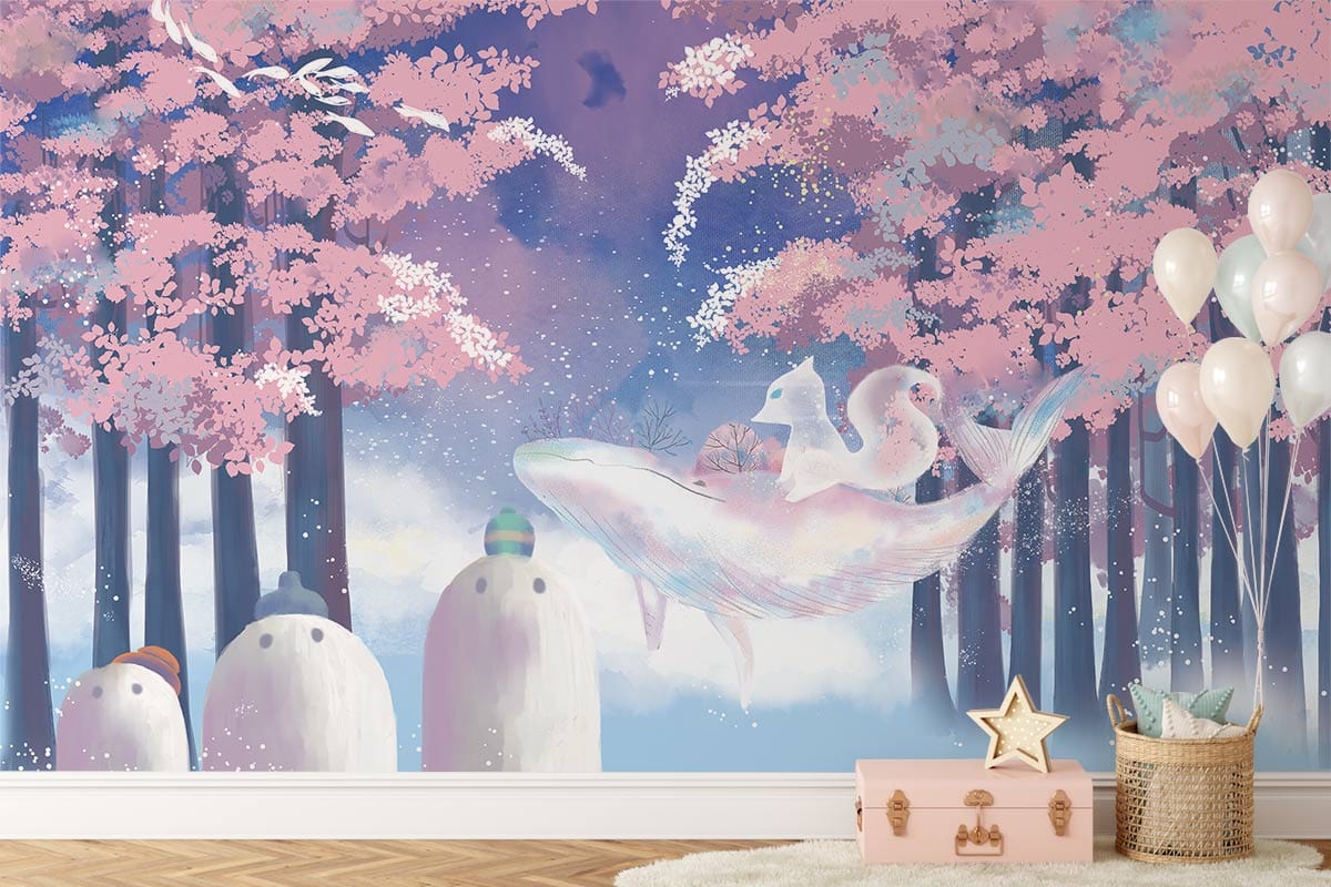 Whimsical enchanted pastel forest mural with creatures; complements oak parquet flooring in children's bedroom.