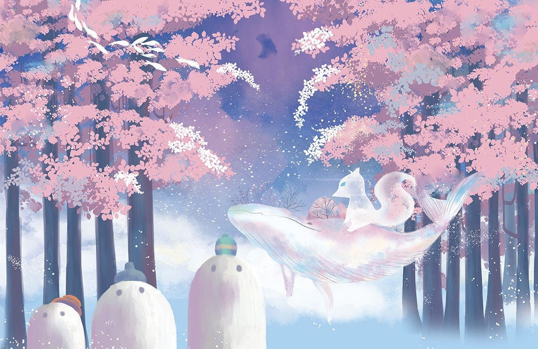 Enchanted Pastel Forest Mural Wallpaper with Whimsical Creatures and Ethereal Sky