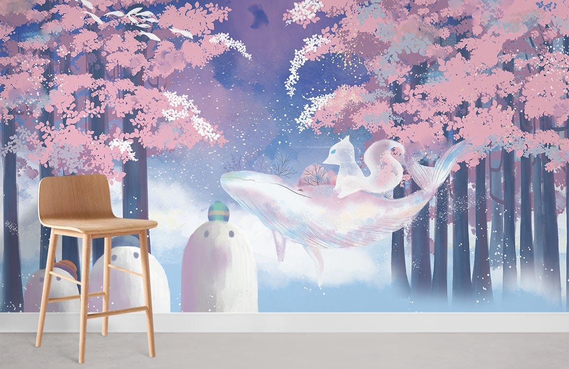 Enchanted Pastel Forest Mural with whimsical creatures, wooden chair, grey flooring, ethereal sky.