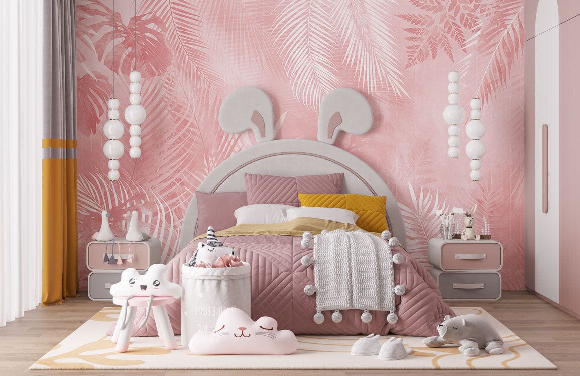 Blush Pink Tropical Foliage Wallpaper in children's room, modern decor, wooden flooring, pink bed.