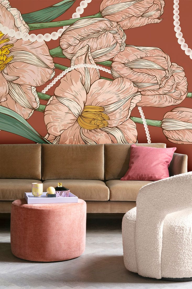 Vintage Floral Mural Wallpaper with pink tulips, pearls; beige sofa, pink ottoman, terracotta wall.