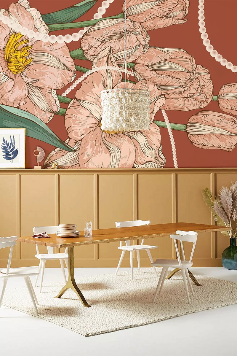 Vintage floral mural wallpaper with pink tulips, pearls; terracotta background, wooden table, beige rug.