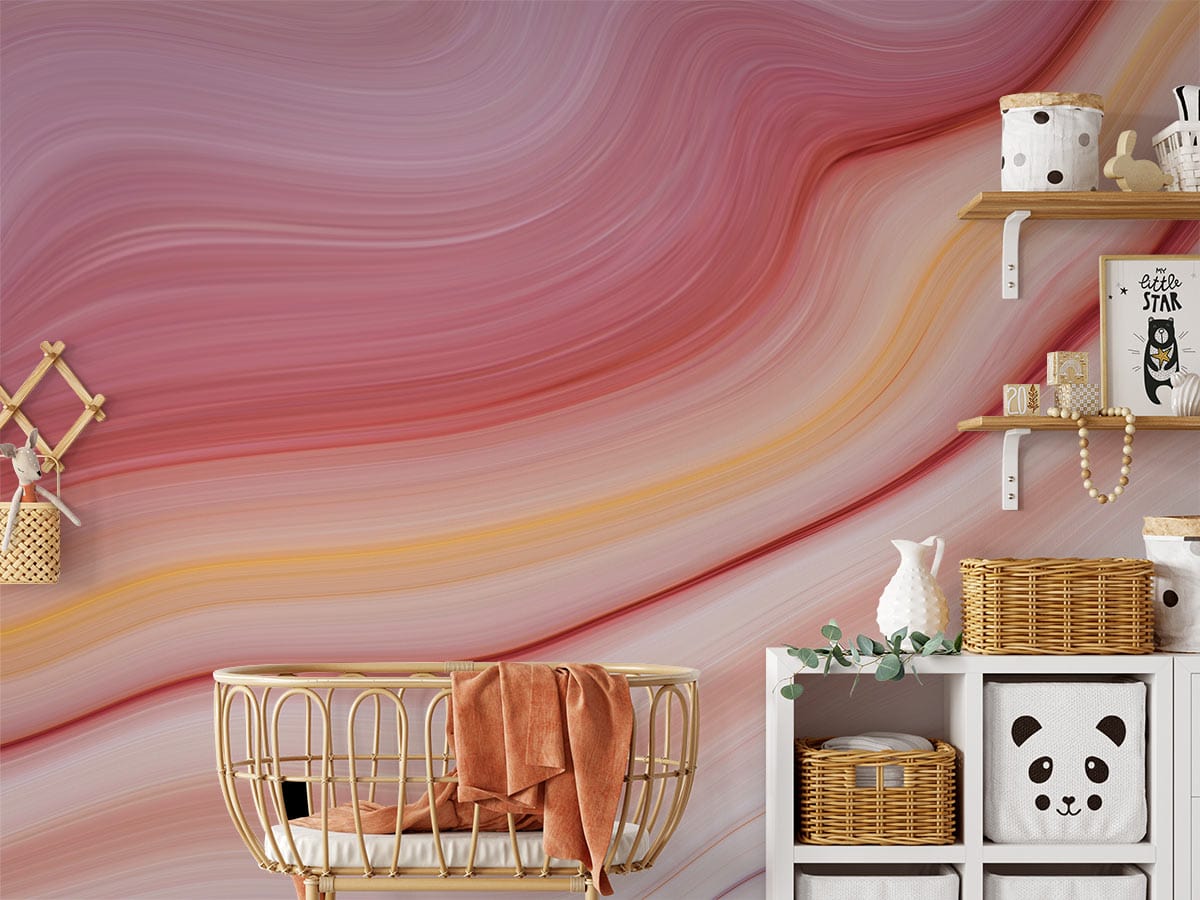 Warm Sunset Waves Abstract Pink and Yellow Mural Wallpaper, nursery decor, wicker crib, shelves.