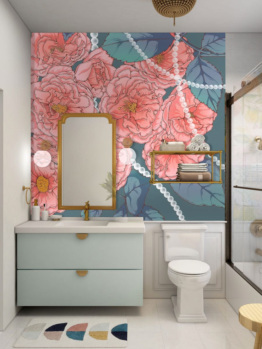 Elegant Vintage Floral Mural Wallpaper in Coral and Teal, bathroom, vanity unit, wall mirror, gold accents.