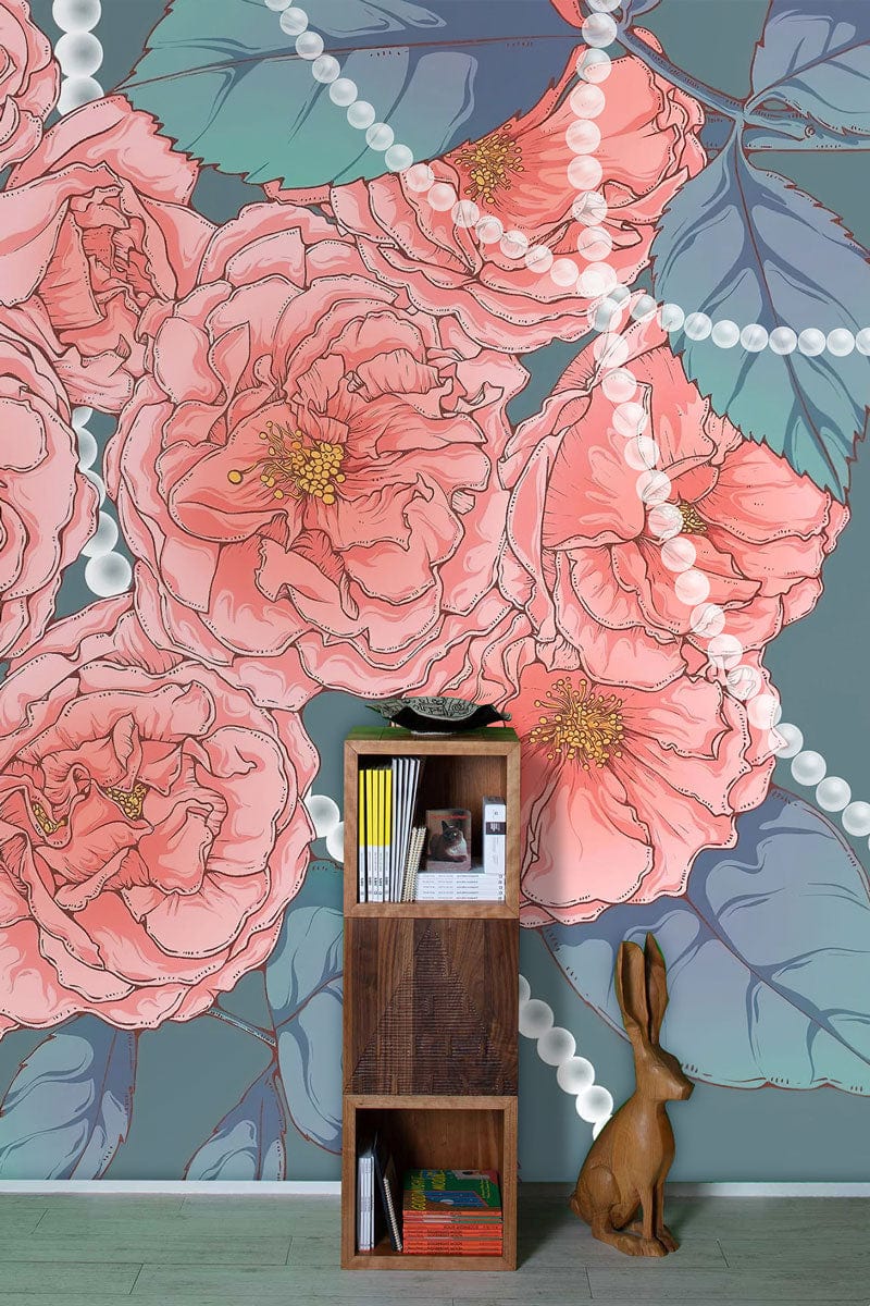 Elegant Vintage Floral Mural Wallpaper in coral and teal, wooden shelf, rabbit sculpture, green flooring.