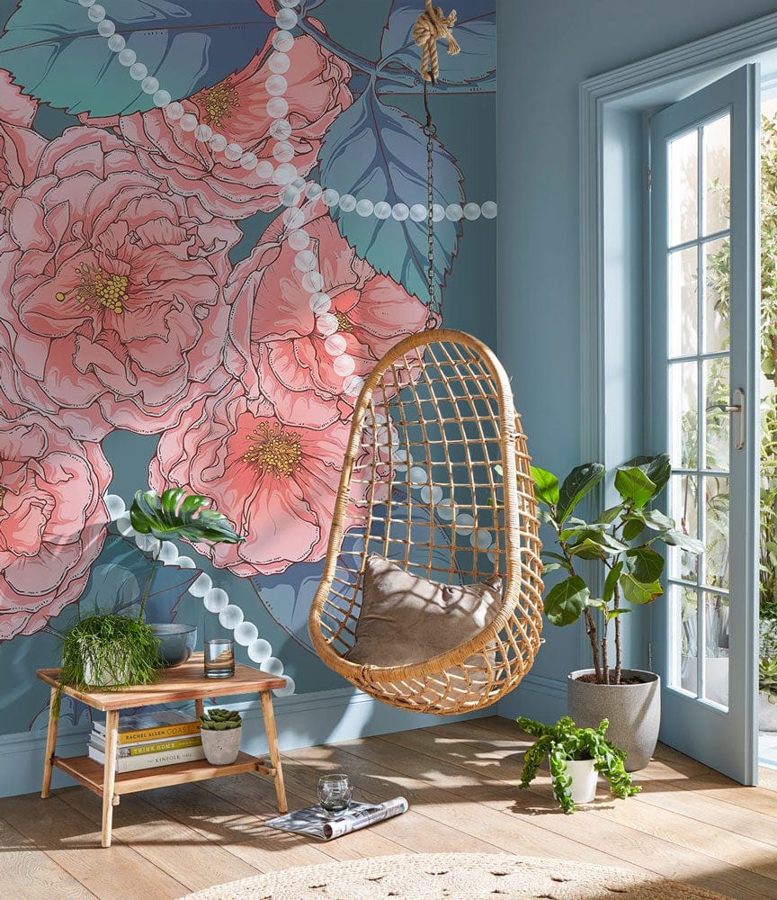 Elegant vintage floral mural wallpaper with coral and teal accents, room with hanging chair, wood flooring.