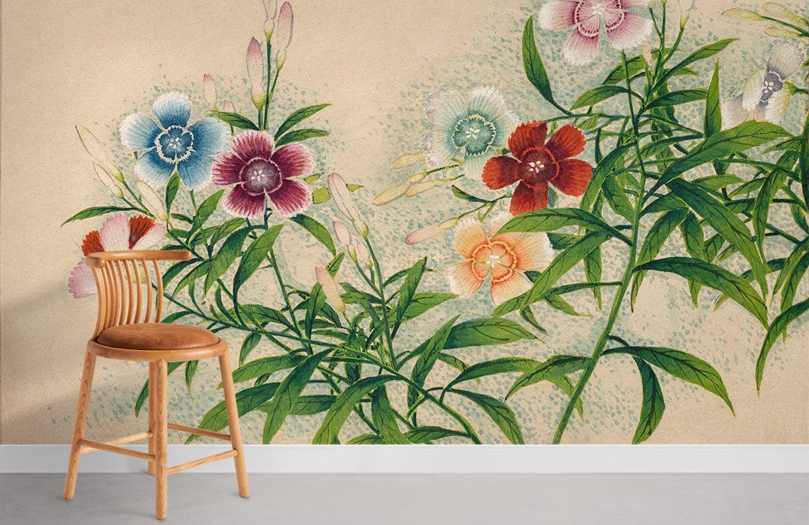 Vintage botanical floral wallpaper with pastel hues, green foliage; wooden chair, contemporary room design.