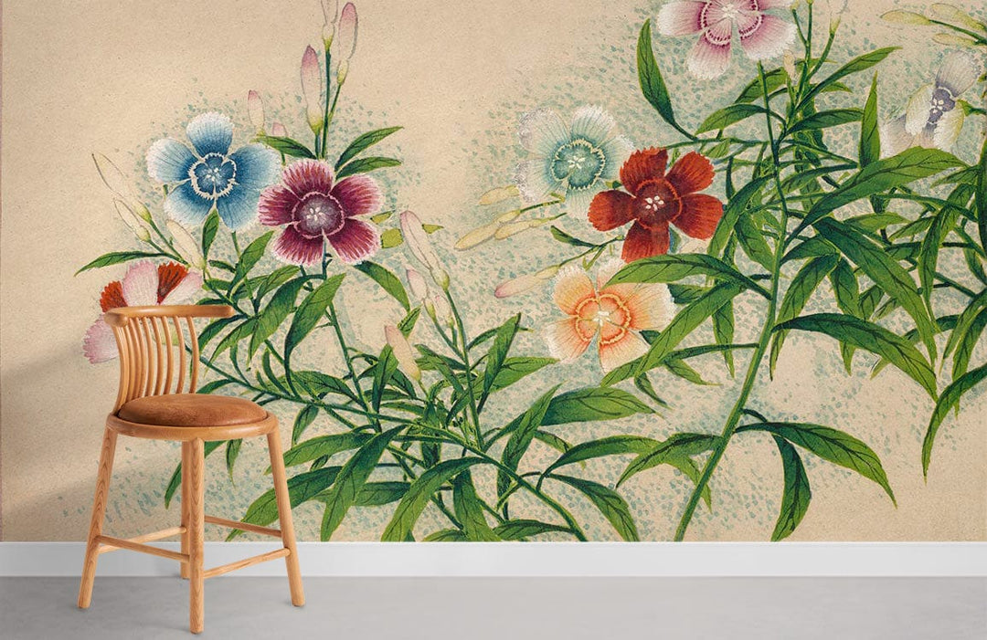 Vintage botanical floral wallpaper with pastel hues, green foliage; wooden chair, contemporary room design.