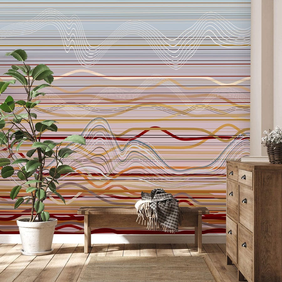 Abstract Multicolour Stripes and Waves Mural Wallpaper in modern lounge with parquet flooring and wooden bench.