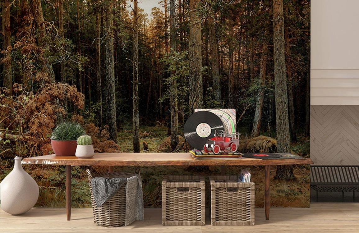Enchanted Forest mural wallpaper in earthy greens, browns; rustic wooden table; modern basket storage.