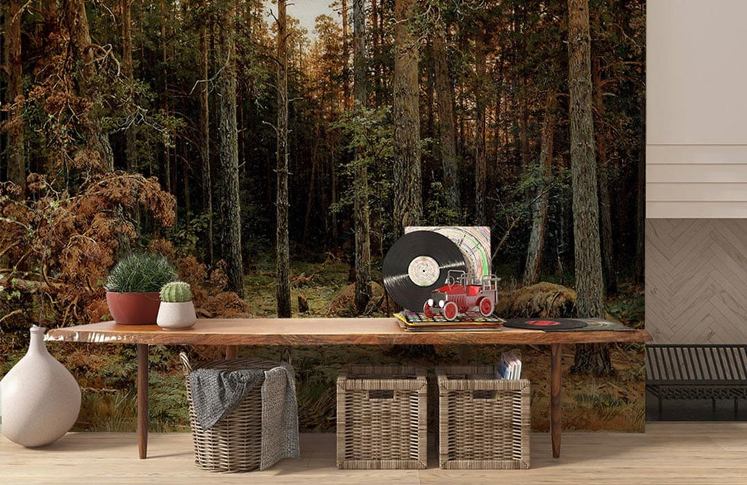 Enchanted Forest mural wallpaper in earthy greens, browns; rustic wooden table; modern basket storage.