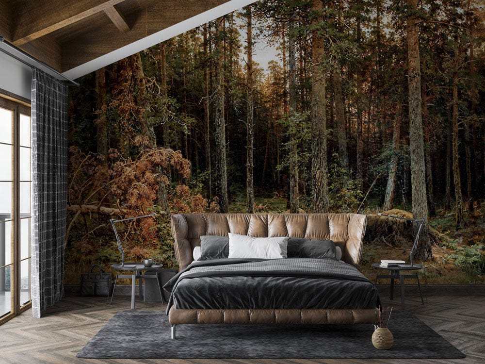 Enchanted Forest mural wallpaper with earthy tones in rustic bedroom, featuring brown sofa and wood flooring.