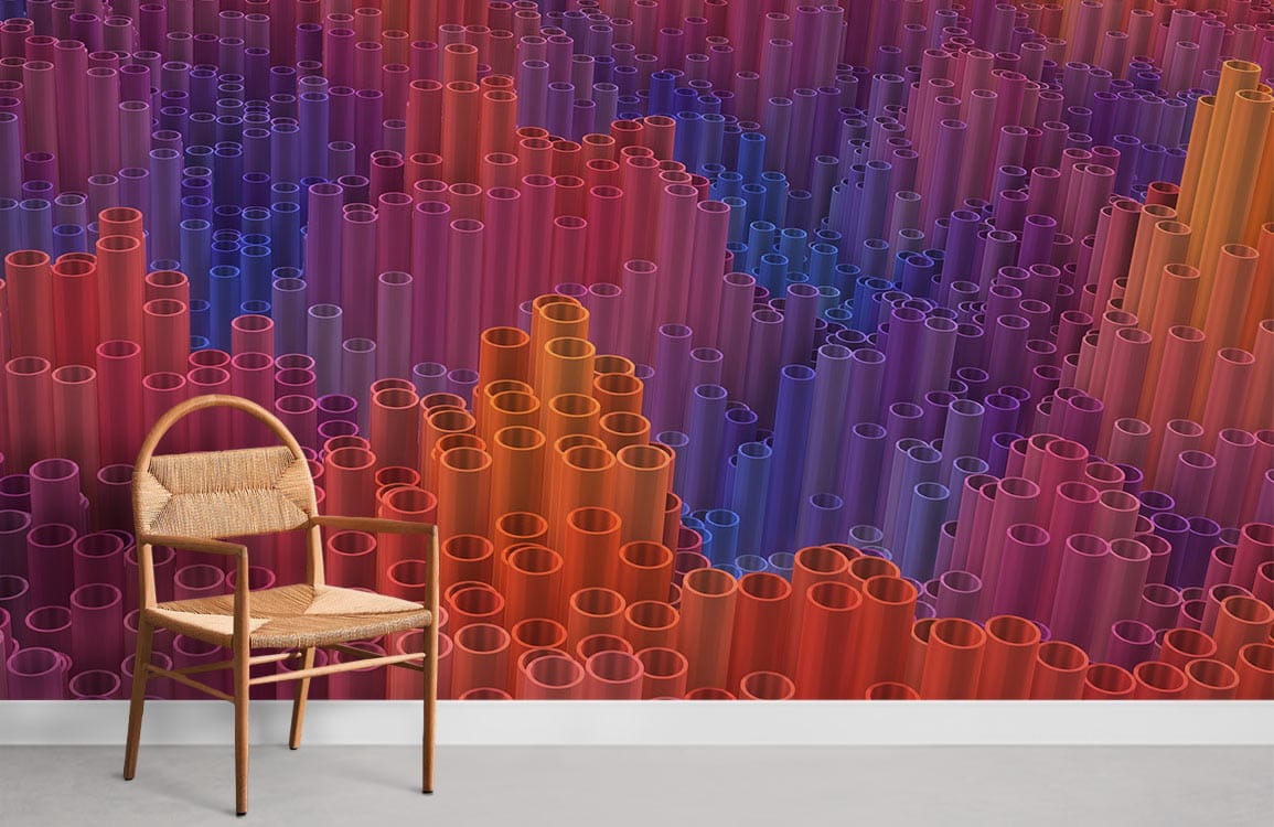 Vibrant multicolour 3D geometric mural wallpaper with wooden chair; modern grey flooring complements.